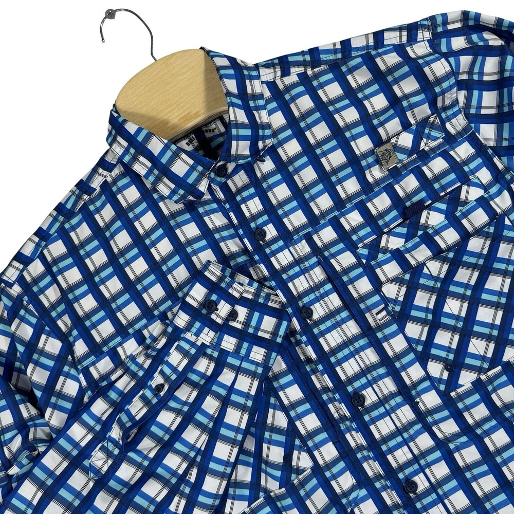 Reel Legends Fishing Shirt Men M Blue White Plaid Long Sleeve Vented Quick Dry